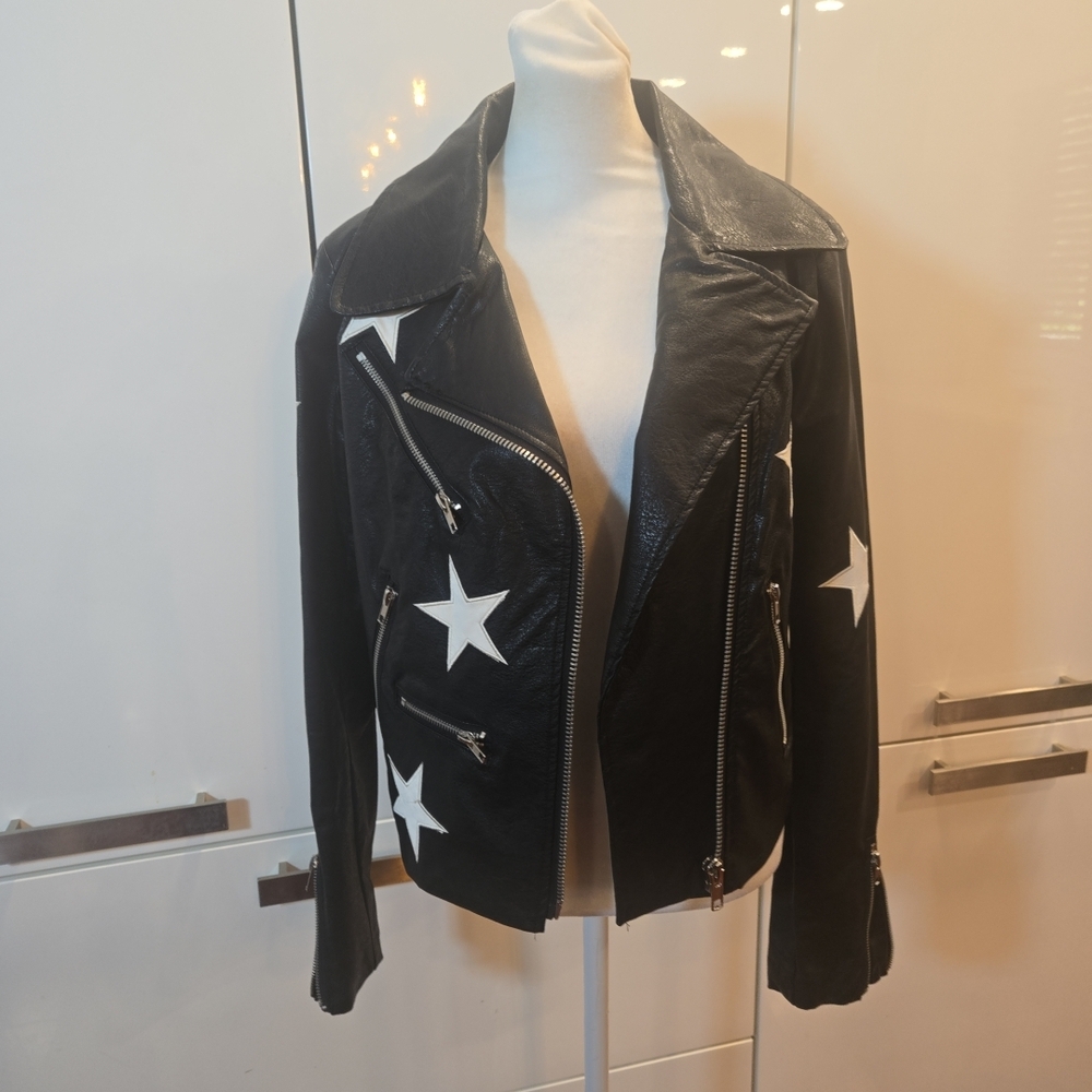 Olivaceous Black Leather Jacket with White Stars - Picture 10 of 13